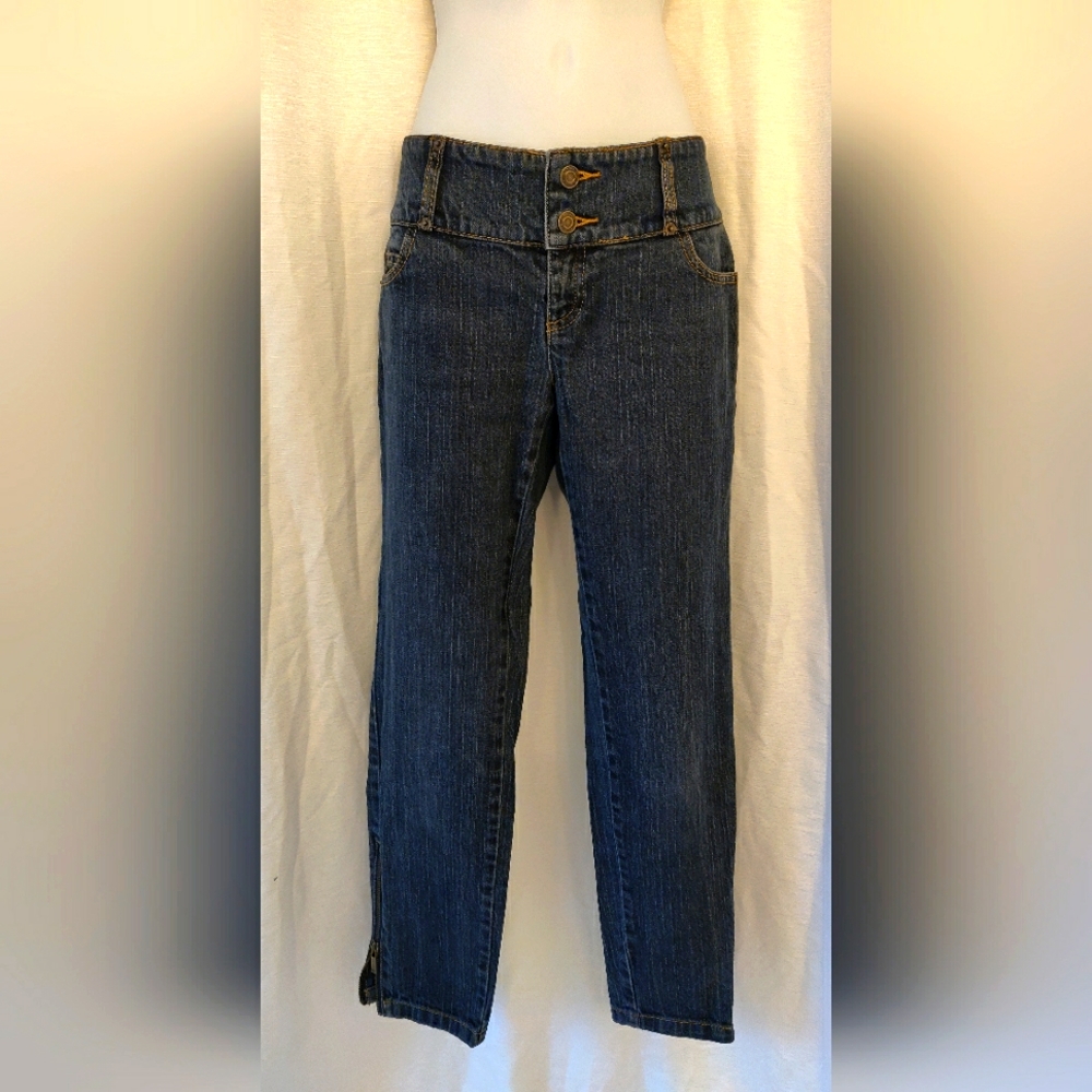 Michael Kors cropped ankle jeans, straight leg, wide band, dark denim